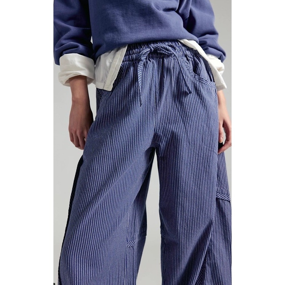 Free People Something Good Pull-On Barrel Pants Navy Blue Combo $98 Women's M